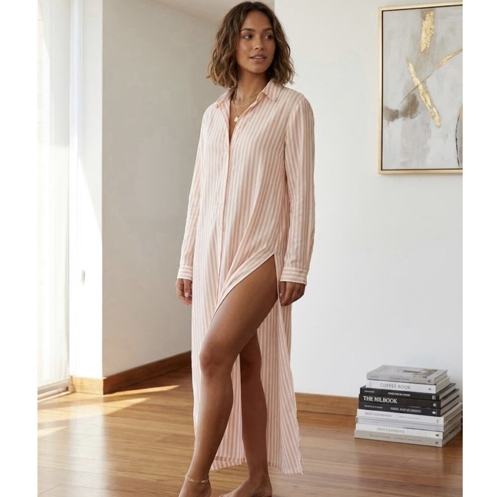 Rococo Striped Viscose Cover Up Dress Size M Long Sleeve Sheer Beach Resort NWT